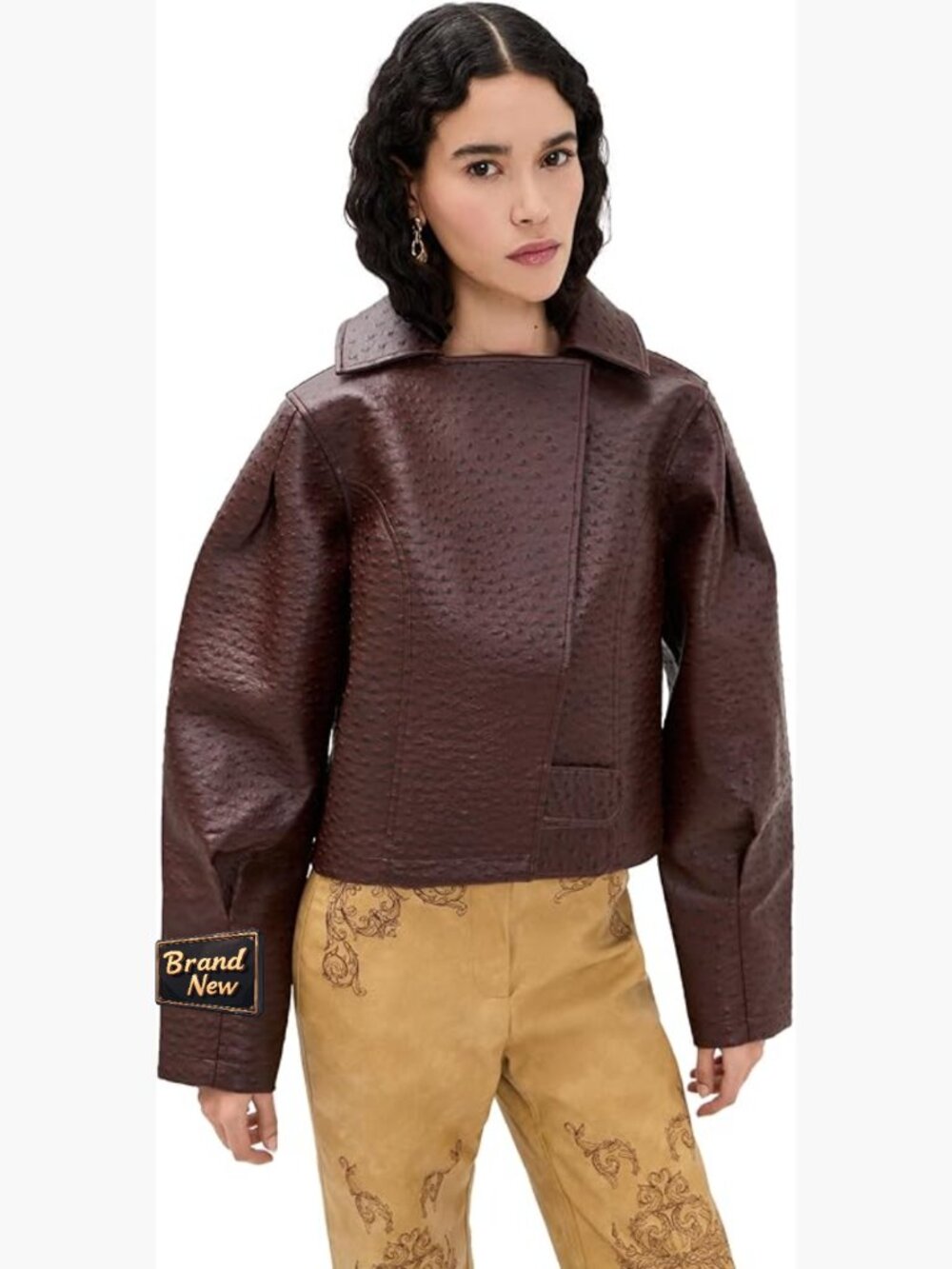 Faux Ostrich Leather Jacket With Puff Sleeves - Winter Weight